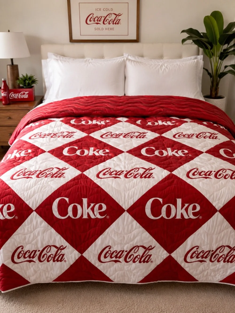 NWT Coca-Cola Reversible King Quilt Red White Coke Logo Bedding Collectible
